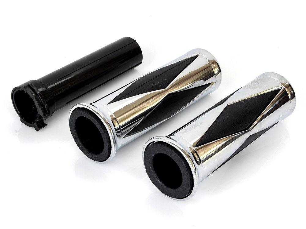 Diamond Style Handgrips - Chrome. Fits H-D with Throttle Cable.