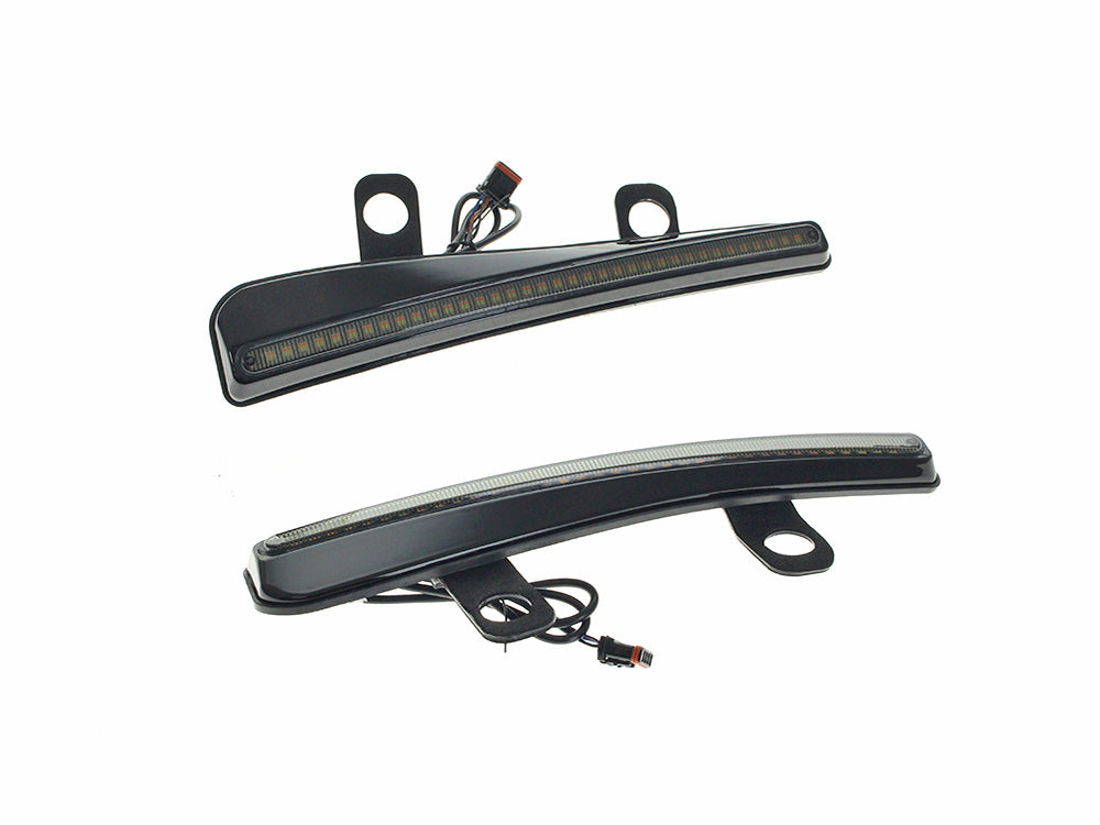 LED Windshield Trim with Turn Signals - Smoke Lens, Gloss Black Housing. Fits CVO Road Glide (inc 'ST') 2023up & Roadglide 2024up.