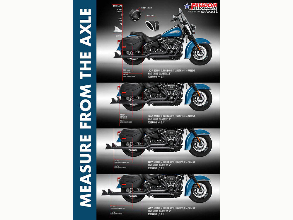 39in. True Dual SharkTail Exhaust - Black. Fits Softail 2018up with Non-240 Rear Tyre