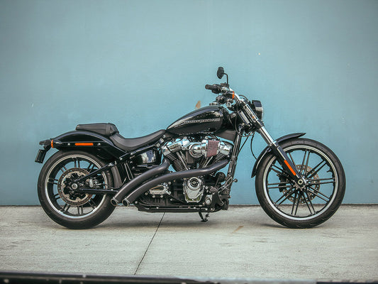 Radical Radius Exhaust - Black with Black End Caps. Fits Softail Breakout & Fat Boy 2018up