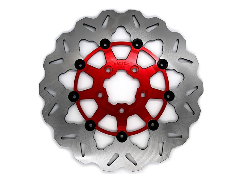 11.8in. Front Wave Floating Disc Rotor with Red Carrier. Fits Dyna 2006-2017, Softail 2015up, Sportster 2014-2021 & Some Touring 2008-2023