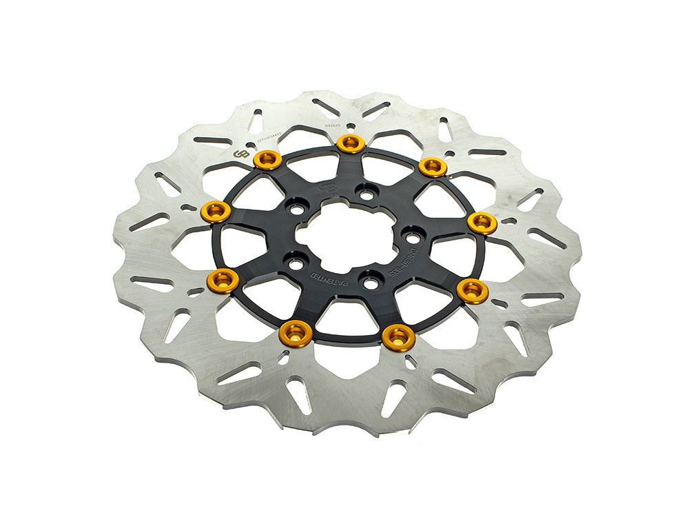 11.8in. Front Wave Floating Disc Rotor - Black with Gold Buttons. Fits Dyna 2006-2017, Softail 2015up, Sportster 2014-2021 & Some Touring 2008-2023