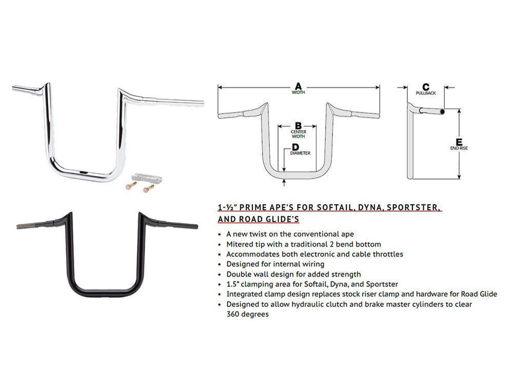 16in. x 1-1/2in. Grande Prime Ape Handlebar - Chrome.