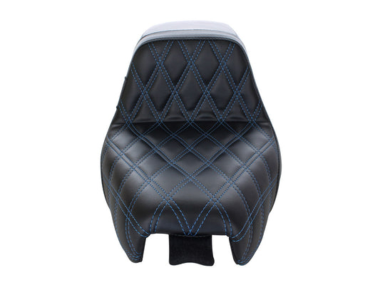 Kickflip Dual Seat with Blue Double Diamond Stitch. Fits Sportster 2004-2006 & Sportster 2010-2021 Models with either 3.3 or 4.5 Gallon Tank.