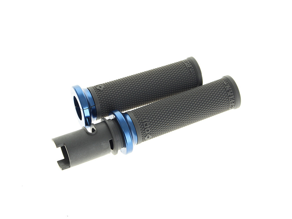 Ruffian Lock-On Handgrips - Graphite/Blue. Fits CVO Touring 2023up, Street Glide & Road Glide 2024up, Touring 2025up & Softail 2025up