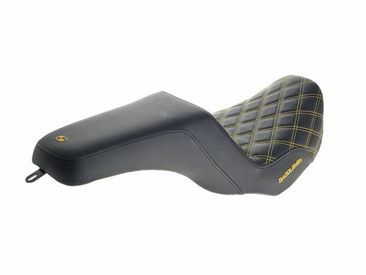 Step-Up LS Dual Seat with Gold Double Diamond Lattice Stitch. Fits Dyna 2006-2017.