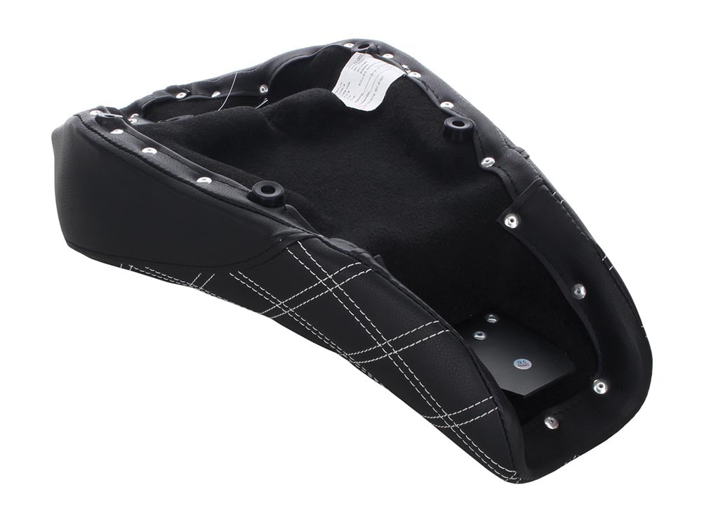 Renegade LS Solo Seat with White Double Diamond Lattice Stitch. Fits Sportster 2004-2021 with 3.3 Gallon Fuel Tank.