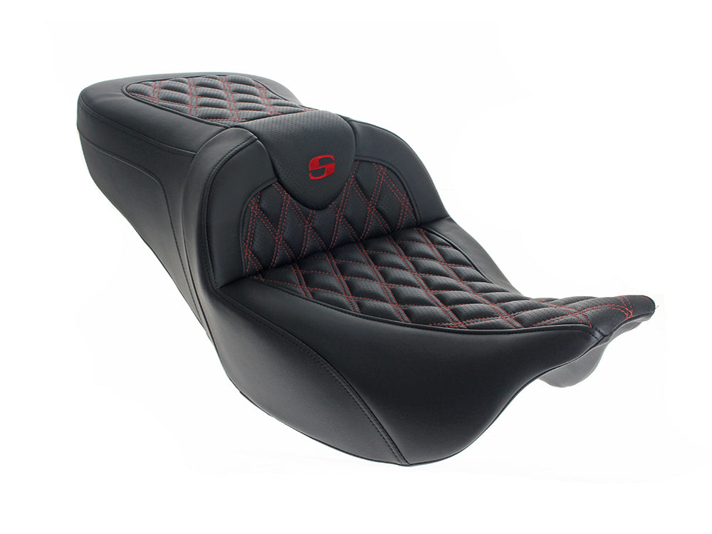 Roadsofa LS Dual Seat with Red Double Diamond Lattice Stitch. Fits CVO Touring 2023up, Street Glide & Road Glide 2024up, Touring 2025up