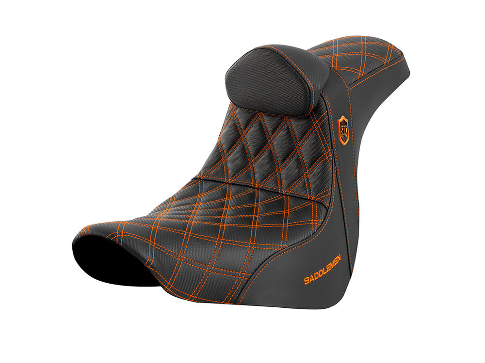 Pro Series San Diego Customs Performance Gripper Dual Seat with Backrest & Orange Stitch. Fits Softail Street Bob 2018up & Standard 2020up