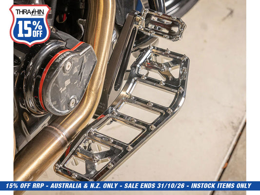 Aggressor Rider Floorboards - Chrome. Fits Touring 1980up, FL Softail 1986-2017 & Dyna Switchback 2012-2016