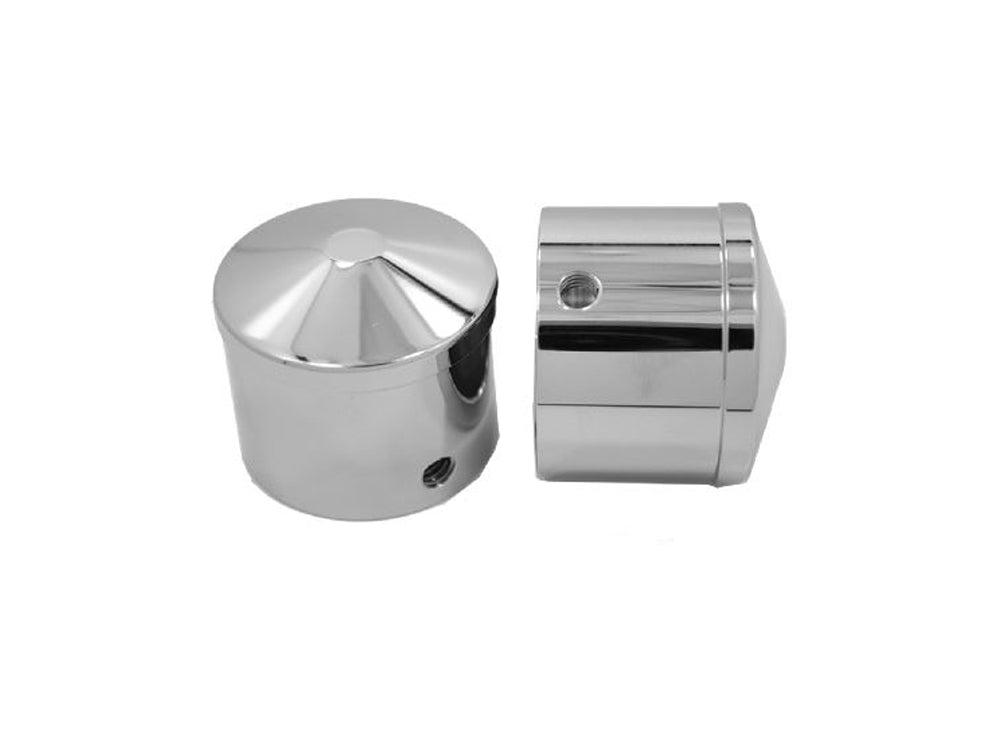 Front Axle Caps - Chrome. Fits Softail 1984-2006, Dyna 1991-2003, Touring 1980-1999, Sportster 1988-2007 & FXR 1982-1994