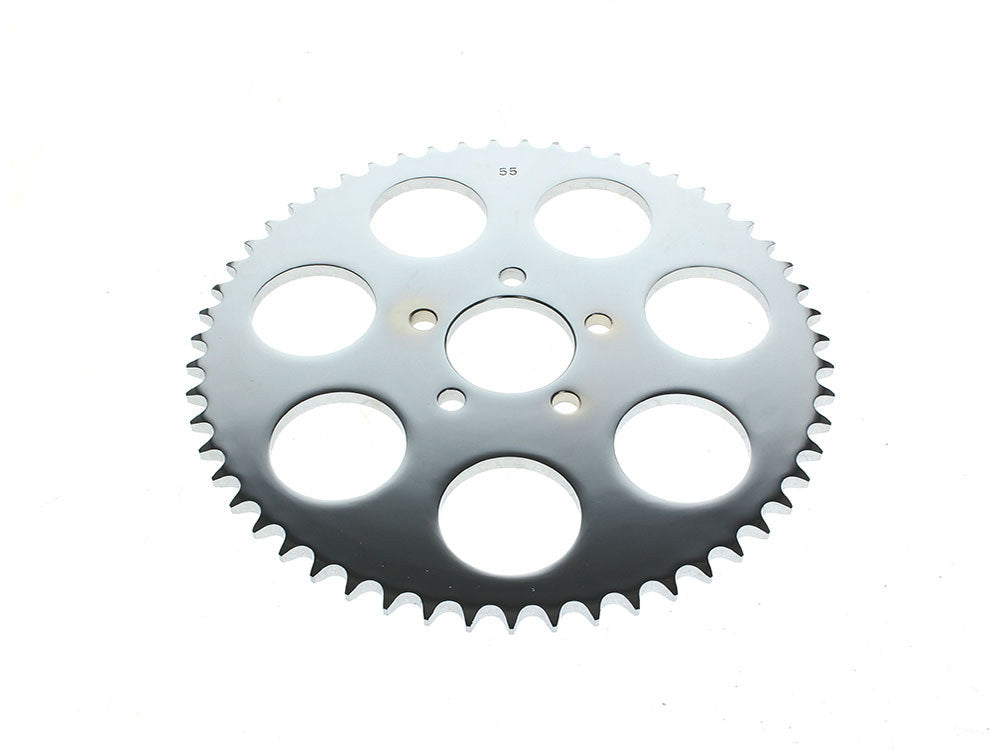 55 Tooth, Flat Steel Rear Chain Sprocket - Chrome. Fits Big Twin 2000up & Sportster 2000-2021.