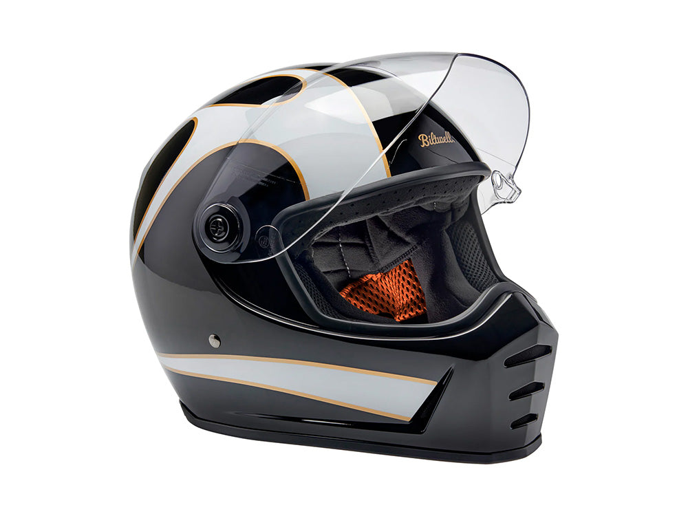 Lane Splitter Helmet - Gloss Black with Gloss White Flames. Size Medium with ECE R22.06 Compliance