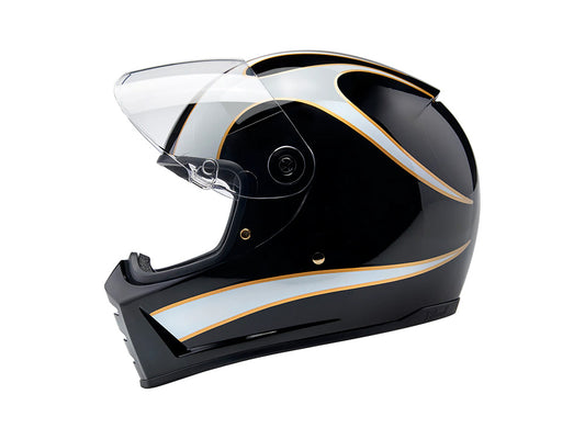 Lane Splitter Helmet - Gloss Black with Gloss White Flames. Size Large with ECE R22.06 Compliance