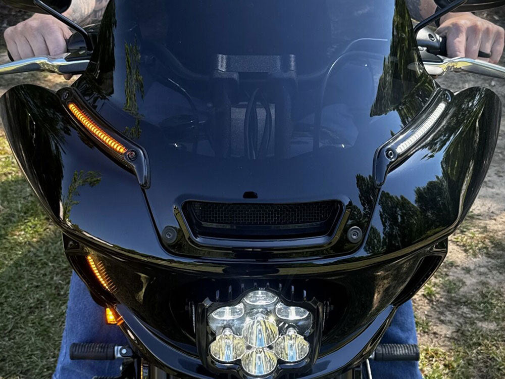 LED DRL Windshield Trim with Sequential Amber Turn, White Run & Smoke Lens - Black. Fits Low Rider ST 2022up