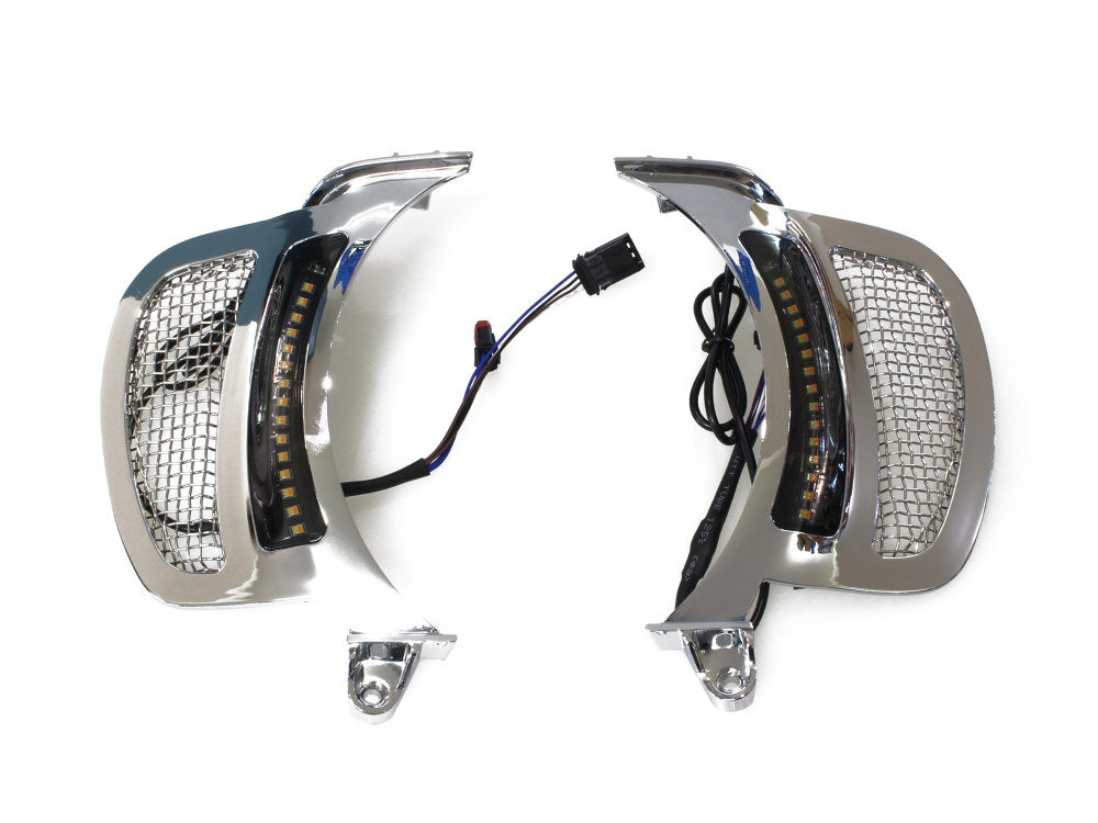 Dynamic LED Vent Inserts With Amber & White LED's - Chrome with Stainless Mesh. Fits Road Glide 2015-2023.