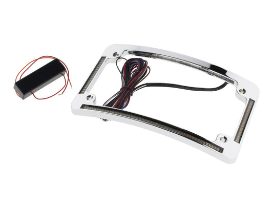 Curved Number Plate Frame with LED Amber Turn Signals & Red Brake Light - Chrome.