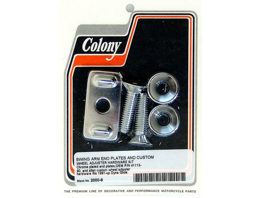 Axle Adjusting Kit with Swing Arm End Plates & Wheel Adjuster Hardware - Chrome. Fits Dyna 1991-2005.