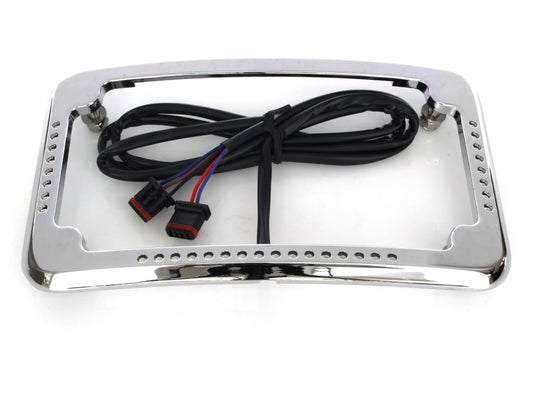 Curved Slick Signal Run, Turn, Brake & Number Plate Frame - Chrome. Fits Softail 2018up.
