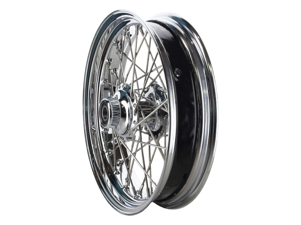 16in. x 3.5in. Front 40 Spoke Cross Laced Wheel - Chrome. Fits FL Softail 2000-2006, & FX Springer 2000-2007.