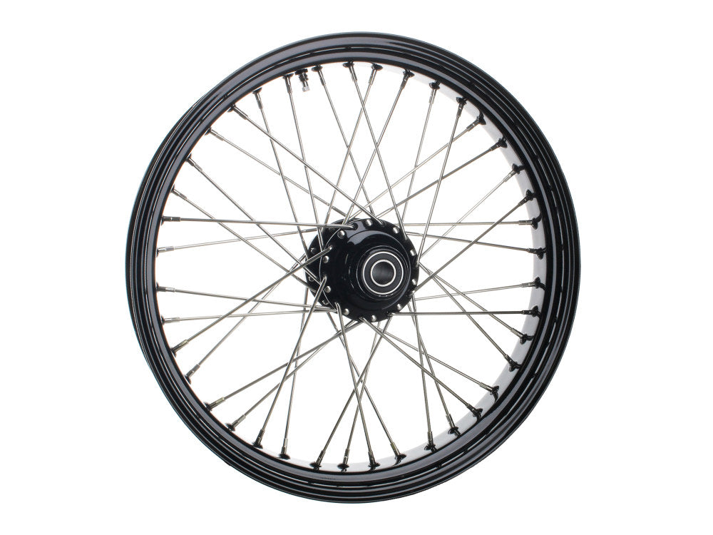 21in. x 3.5in. 40 Spoke Cross Laced Front Wheel - Gloss Black & Chrome. Fits Softail Heritage 2011up, Deluxe 2011-2020, Slim 2012-2021 & Fatboy 2011-2017