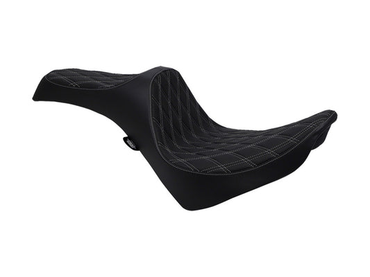 Predator 3 Dual Seat with Silver Double Diamond Lattice Stitch. Fits Softail Deluxe 2018-2020, Slim 2018-2021, Standard 2020-2024 & Street Bob & Heritage Classic 2018up