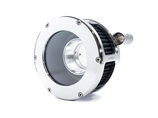 BA Air Cleaner Kit - Chrome with Clear Cover. Fits Softail 2000-2015, Dyna 1999-2017, Touring 1999-2007 with CV Carb or Cable Operated Delphi EFI
