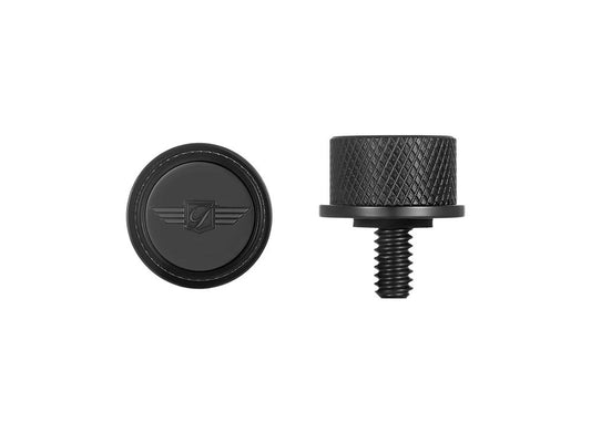 1/4in.-20 Knurled Seat Mount Screw - Black with Figurati Designs Logo. Fits H-D 1996up