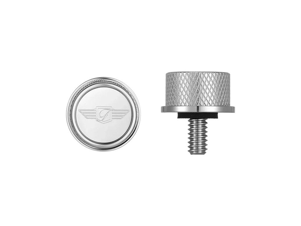 1/4in.-20 Knurled Seat Mount Screw - Stainless with Figurati Designs Logo. Fits H-D 1996up
