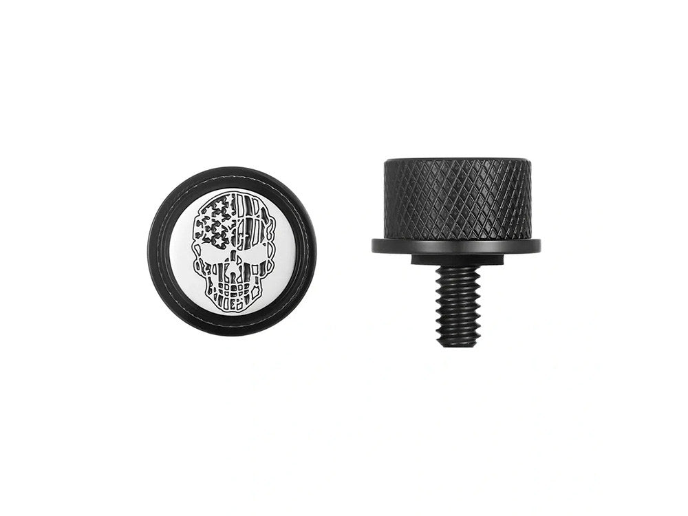 1/4in.-20 Knurled Seat Mount Screw - Black with American Flag Skull. Fits H-D 1996up