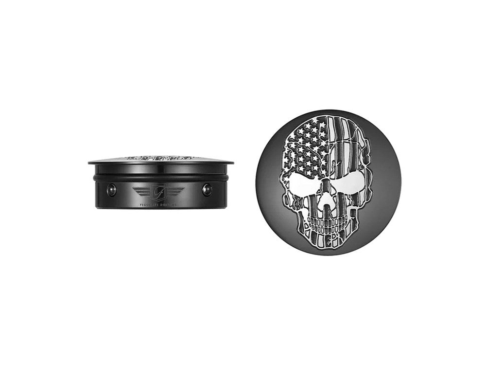 Swingarm Pivot Bolt Covers - Black with American Flag Skull. Fits Touring 2011up