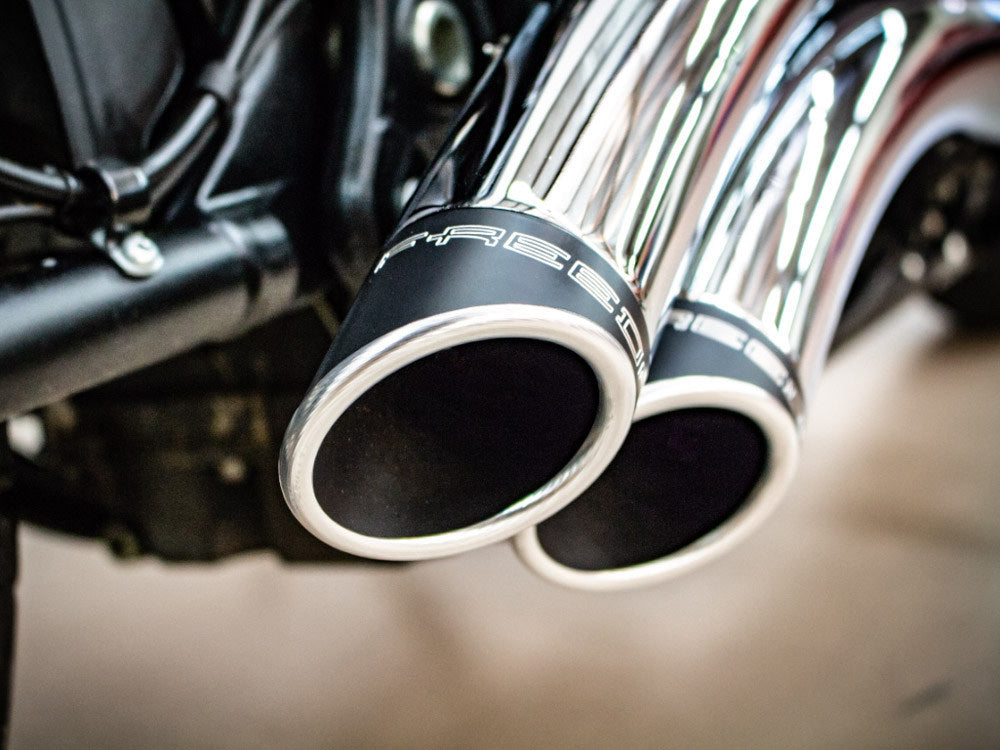 Sharp Curve Radius Exhaust - Chrome with Black End Caps. Fits Softail 2018up with Non-240 Rear Tyre
