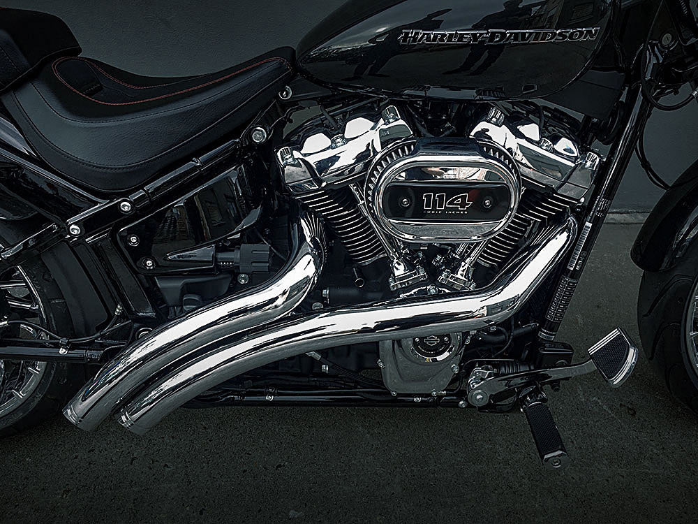Radical Radius Exhaust - Chrome with Chrome End Caps. Fits Softail 2018up with Non-240 Rear Tyre