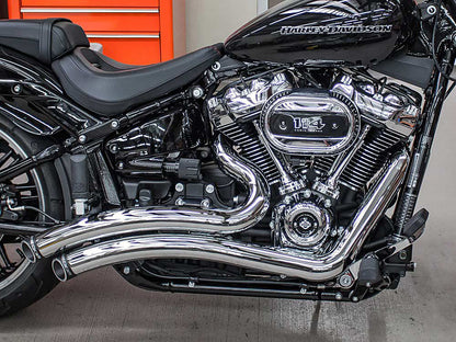 Sharp Curve Radius Exhaust - Chrome with Black End Caps. Fits Softail Breakout & Fat Boy 2018up