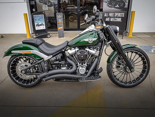 Sharp Curve Radius Exhaust - Black with Black End Caps. Fits Softail Breakout & Fat Boy 2018up