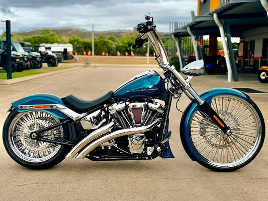 Radical Radius Exhaust - Chrome with Chrome End Caps. Fits Softail Breakout & Fat Boy 2018up