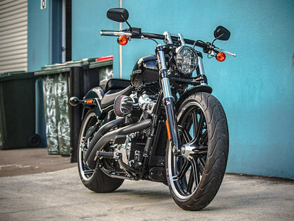Radical Radius Exhaust - Black with Black End Caps. Fits Softail Breakout & Fat Boy 2018up