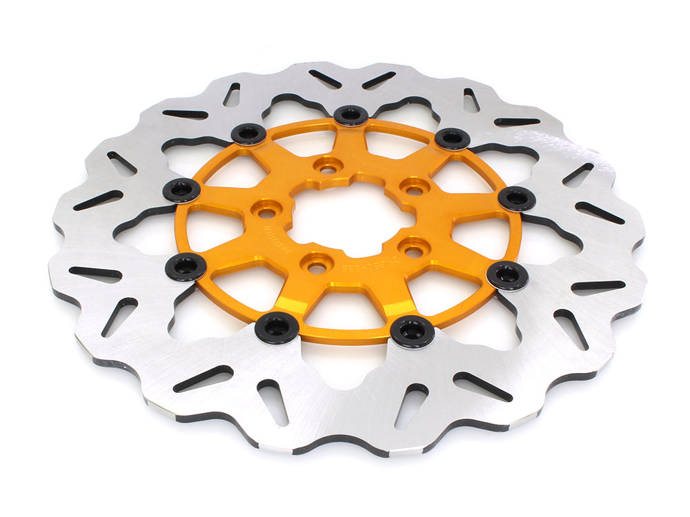 11.8in. Front Wave Floating Disc Rotor with Gold Carrier. Fits Dyna 2006-2017, Softail 2015up, Sportster 2014-2021 & Some Touring 2008-2023
