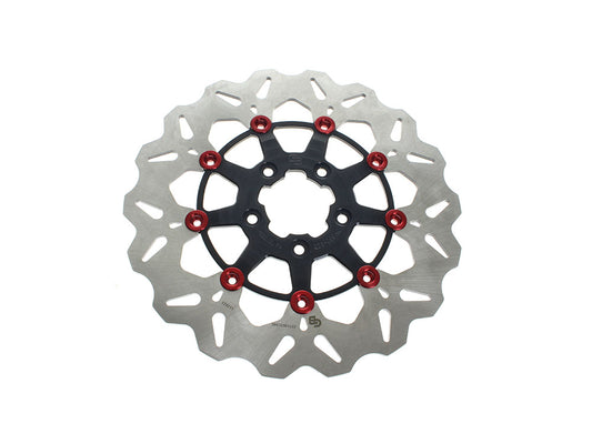 11.8in. Front Wave Floating Disc Rotor - Black with Red Buttons. Fits Dyna 2006-2017, Softail 2015up, Sportster 2014-2021 & Some Touring 2008-2023