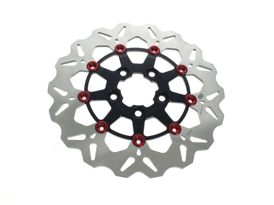 11.5in. Rear Floating Wave Disc Rotor - Black with Red Buttons. Fits Big Twin 2000up & Sportster 2000-2010.