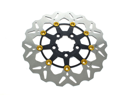 11.5in. Rear Floating Wave Disc Rotor - Black with Gold Buttons. Fits Big Twin 2000up & Sportster 2000-2010.