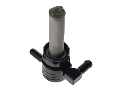 High-Flow Fuel Tap / Petcock with 22mm Thread & 5/16in. Forward Facing Fuel Outlet - Black. Fits Softail 1984-2006, Dyna 1991-2006, FXR 1982-1994, Touring 1988-2006, Sportster 1975-2006 & 4Spd Big Twin 1975-1986