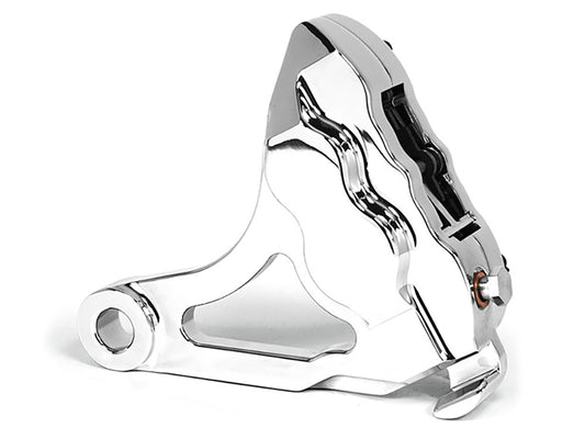 Right Hand Rear 4 Piston Caliper & Mounting Bracket - Chrome. Fits Softail 2000-2007.