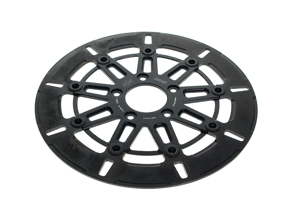 11.8in. Front 9-Spoke Disc Rotor - Black Band & Black Carrier. Fits Dyna 2006-2017, Softail 2015up, Sportster 2014-2021 & Some Touring 2008up.