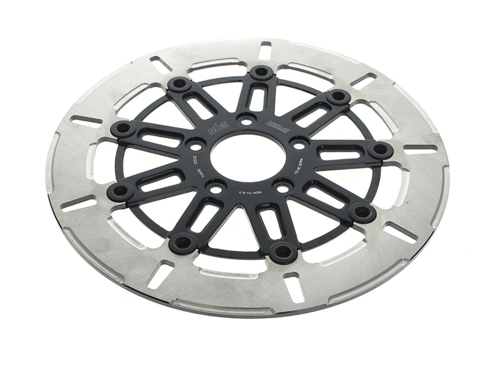 11.8in. Front 9-Spoke Disc Rotor - Polished Band & Black Carrier. Fits Dyna 2006-2017, Softail 2015up, Sportster 2014-2021 & Some Touring 2008up.