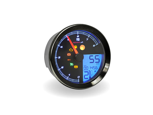 3-3/8in. Round Speedometer with Tachometer - Black. Fits Softail Fat Bob 2018up, Sportster 2014-2021, Dyna Street Bob, Low Rider & Wide Glide 2012-2017 & Softail Breakout, Rocker & Black Line 2011-2017.