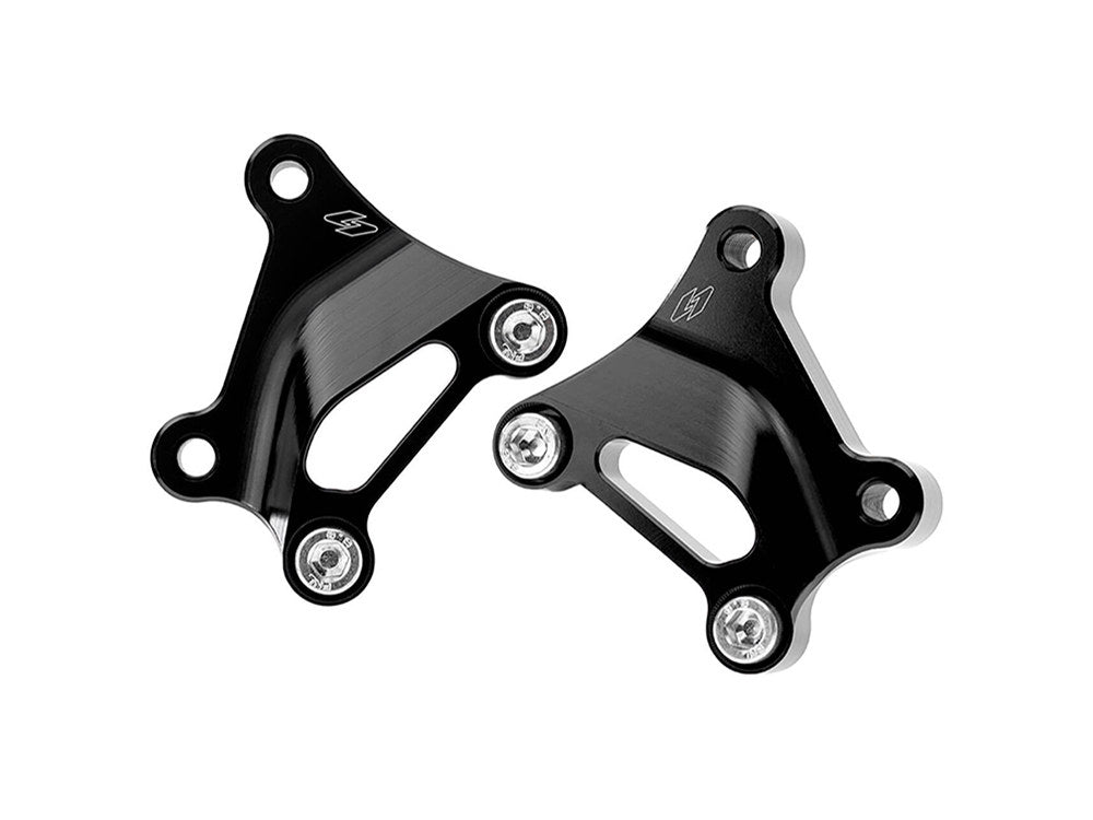 Left and Right Oversize Front Caliper Mounts - Black. Fits Softail 2015up and Touring 2008up.