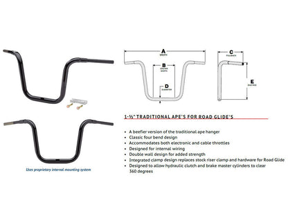 10in. x 1-1/2in. Grande Traditional Ape Handlebar - Chrome. Fits Road Glide 2015-2023