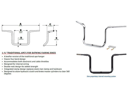 10in. x 1-1/2in. Grande Traditional Ape Handlebar - Gloss Black. Fits Ultra Models 2014up and Street Glide 2014-2023