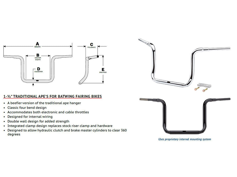 12in. x 1-1/2in. Grande Traditional Ape Handlebar - Chrome. Fits Ultra Models 2014up and Street Glide 2014-2023
